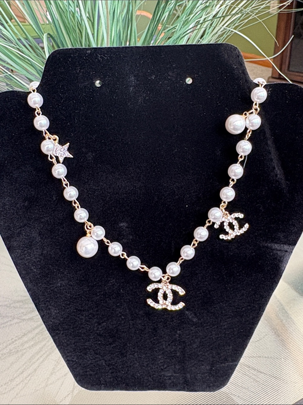 Pearl & Crystal Interlock Charm Necklace - Gold